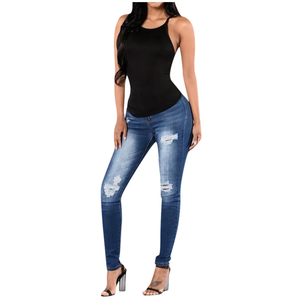 2019 Fashion autumn summer women's jeans Casual High-rise slim New dark blue Hole casual stretch Skinny L0819 | Женская одежда