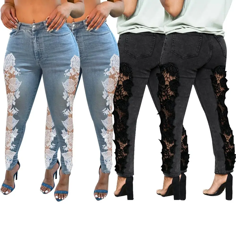 

Women's jeans lace patchwork casual high-waisted summer long Johns slim stretch jean shorts blue and black