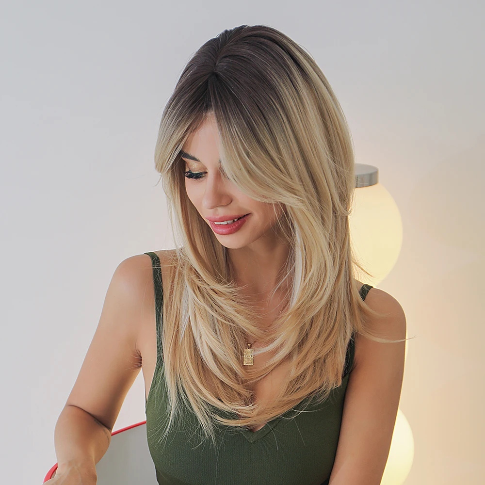 Emmor Fashion Synthetic Wig for Women Ombre Dark Brown to Blonde Hair Wigs Heat Resistant Fiber |
