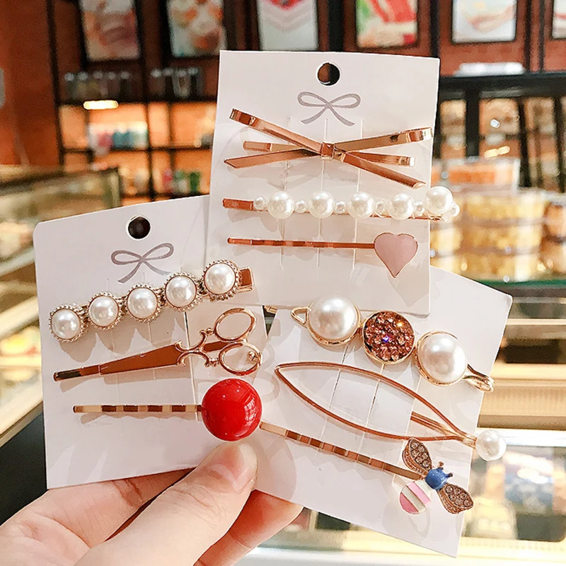 2Pcs/3Pcs/5 Pcs/Set Sweet Women Hair Clips Metal Bee Bow Geometric Pearl Clip Barrettes Girl Party Accessories Set |
