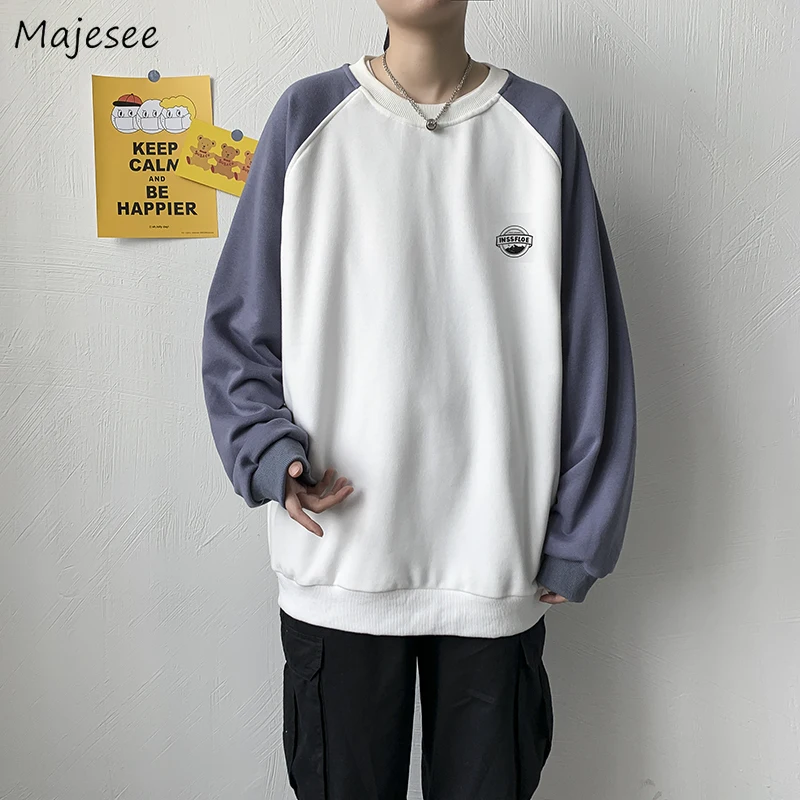 

Men No Hat Hoodies Simple Students Japan Style Patchwork Streetwear O-neck Sweatshirts Loose Hip-hop Design Casual Baggy Tops