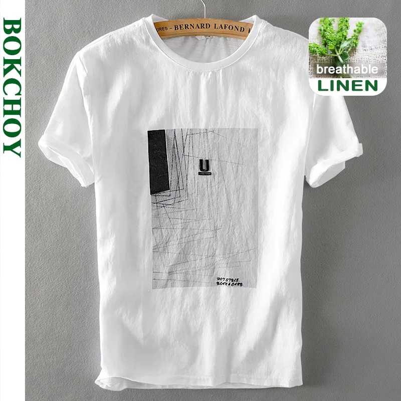 

2021 Summer Spring New Men Loose and Breathable Printing Embroidery Round Neck Short-sleeved Linen Casual Retro Thin Top GF-6221