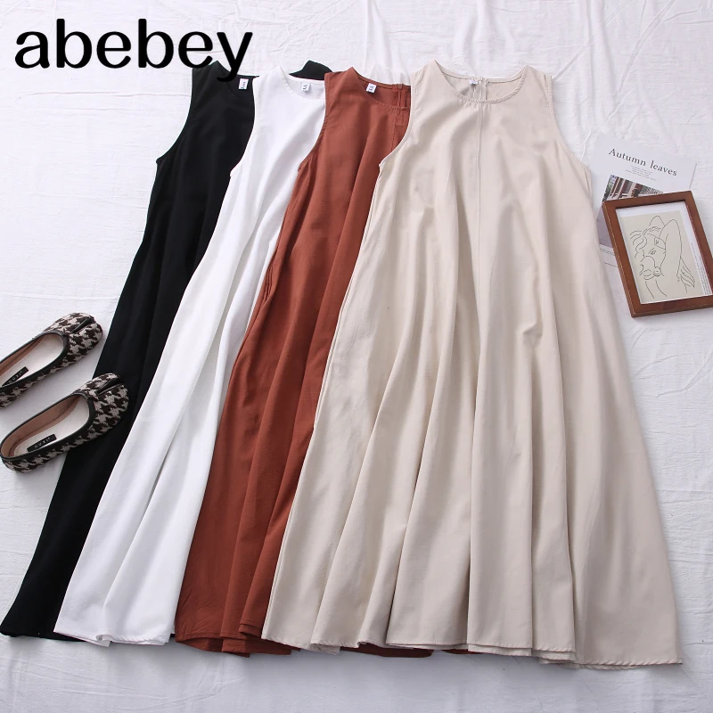 

2021 New Spring Summer Korean style versatile O neck solid Dress loose and thin large skirt sleeveless vest Dress