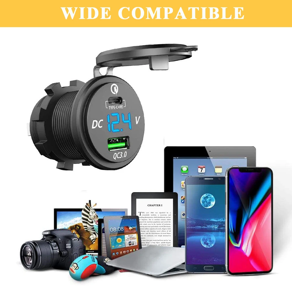 LYKAS Car USB PD Charger 12V - High-Speed Dual USB Type C Charger with LED Voltage Meter Universal for Truck Boat Motorcycle, Quick Charge 3.0 Compatible image 6