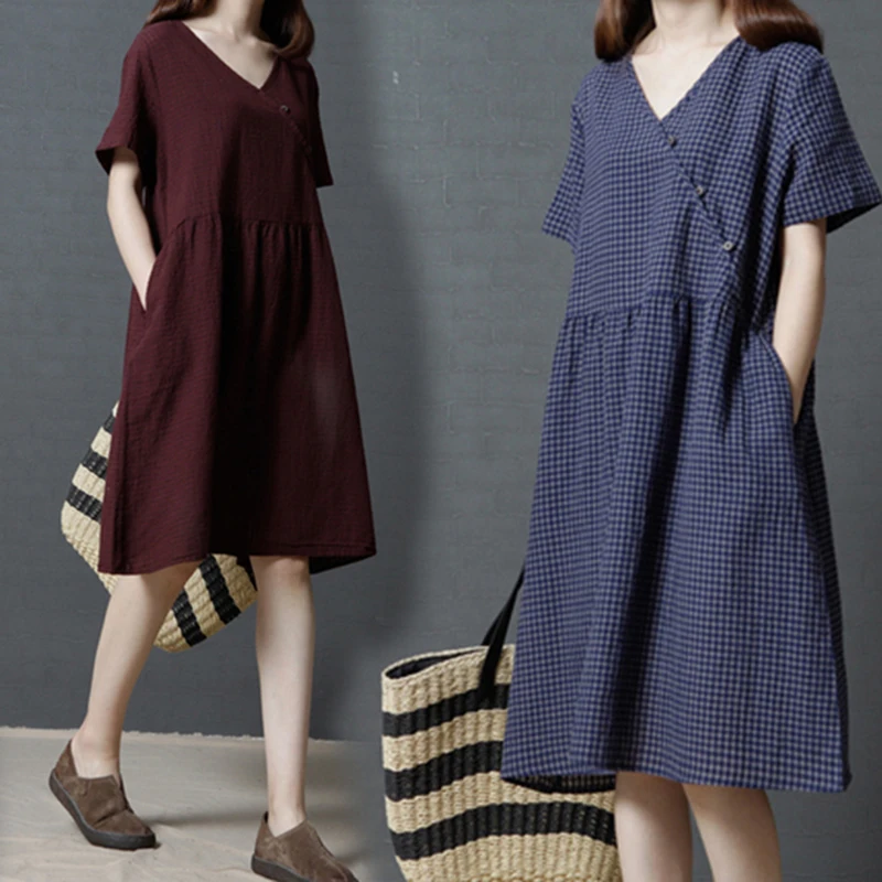 

Korean Women Cotton and Linen Midi Dress Femme Summer Casual Plus Size Baggy Robe Vintage Vestidos Rope De Mujer Plus Size