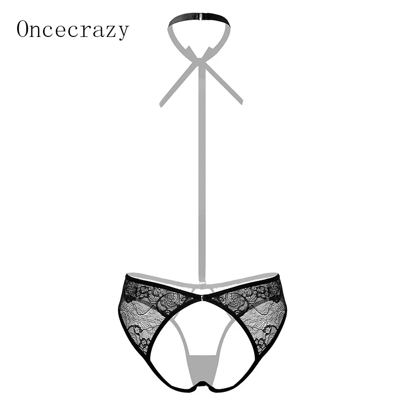 

Oncecrazy Sexy perspective mesh yarn hip pants neck ring sexy lingerie passion three-point suit female Open Crotch Erotic Pantie