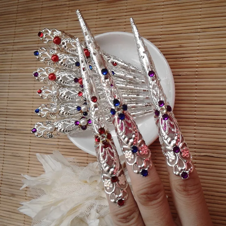 10 шт. Китайские Серебряные длинные ногти см Алмазный танцевальный реквизит ретро