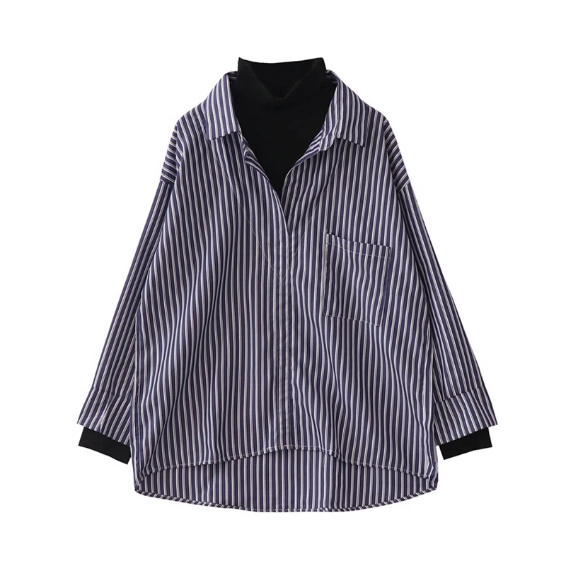 

Vintage False 2 Pieces Women Shirts Turtleneck Loose Striped Lady Elegant All Match Outwear Tops