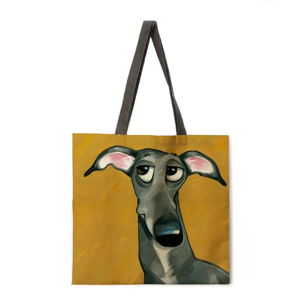 

Oil painting letter dog painting linen shopping bag female casual handbag shoulder bag fashion beach bag foldable shopping bag