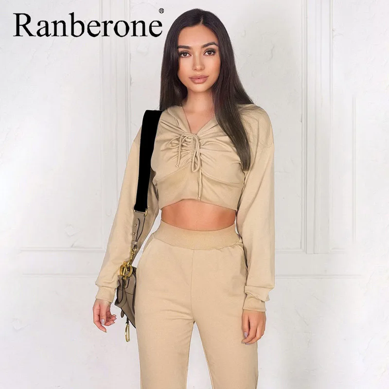 Ranberone 2 PCS Women's Tracksuit Sexy Drawstring Crop Top Pants Women High Waist Loose Trousers Gym Fitness Sport Suit Female