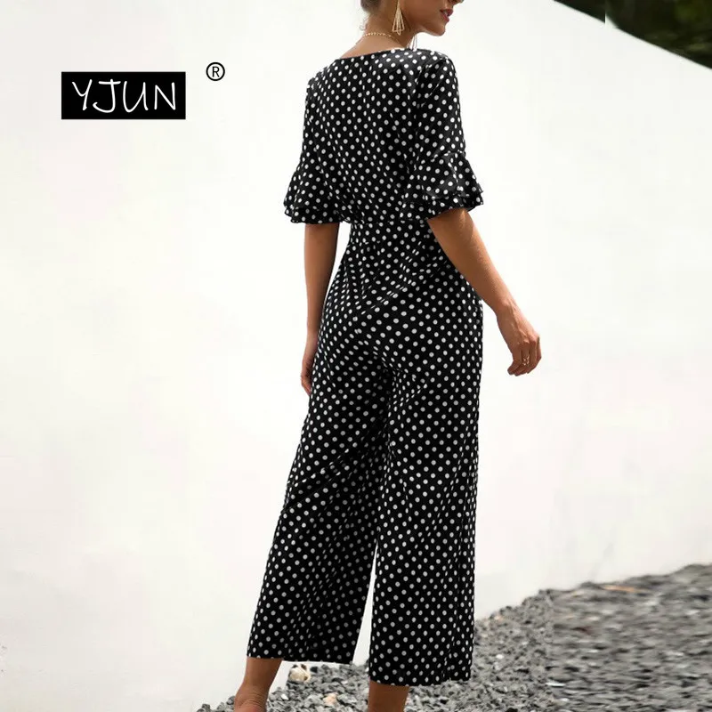 Summer Jumpsuit Polka Dot Casual Long Pants Ruffle Short Sleeve Vintage Boho Fashion Beach Overalls Women Rompers | Женская одежда