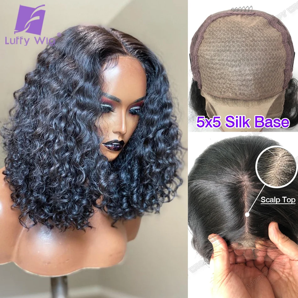 5x5 Pu Silk Base Scalp Top Wig Short Curly Lace Front Human Hair Wigs 5x5 Lace Closure Wig With Baby Hair Remy Peruvian Luffywig