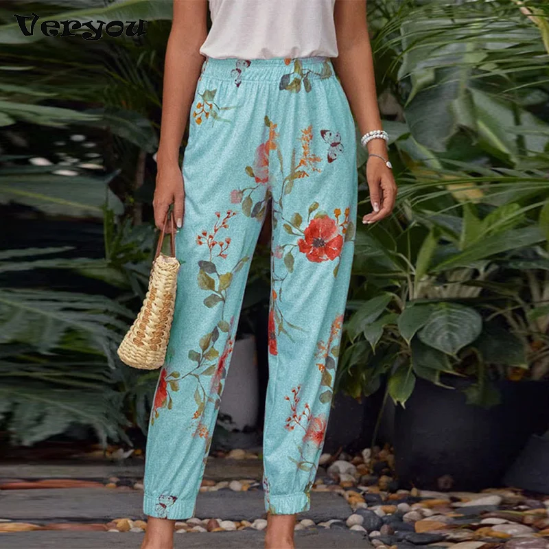 

Floral Printed Elastic High Waist Casual Trousers Women 2021 Autumn Fashion Harajuku Loose Harem Pants Female Workout Sweatpants