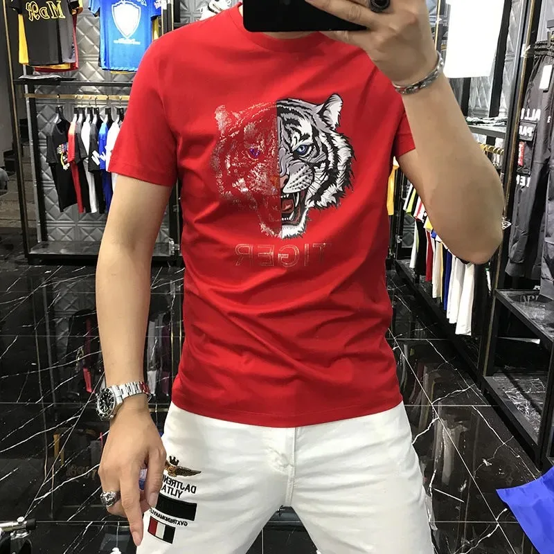 

T-Shirt Men's Round Neck Tees Spring Hot Diamond Short-Sleeved Exquisite Printing Cotton Summer Casual Tiger Graphic High-Qualit