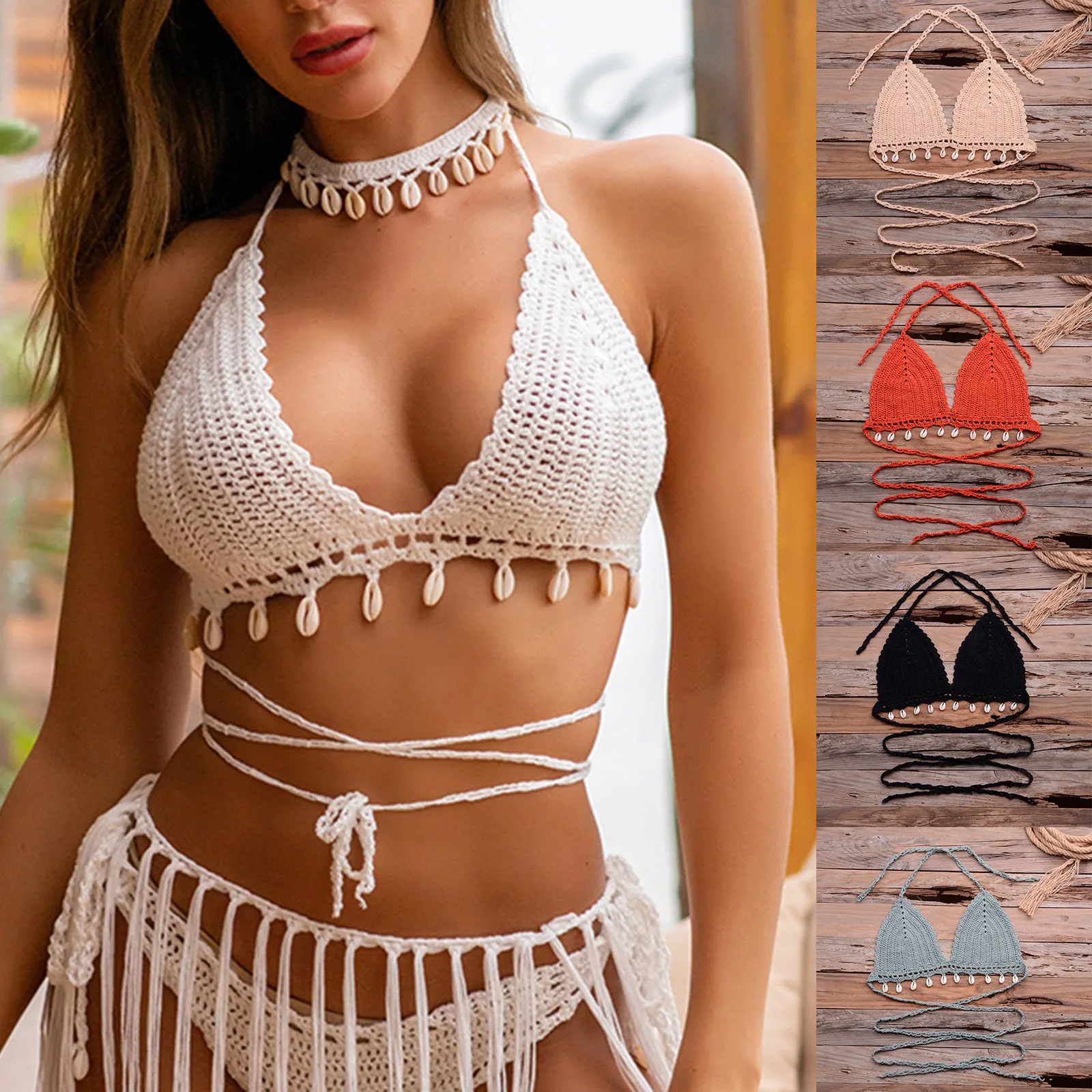 

Women Sexy Hollow Pure Hand-woven Shell Bikini Multicolor Bathing Suit Swimsuit Bikinis Bandage Bikini
