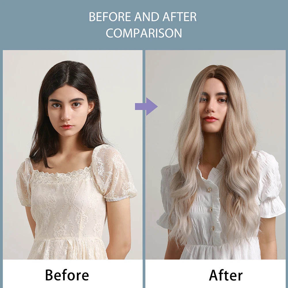 

HENRY MARGU Long Wavy White Blonde Ombre Synthetic Wigs Natural Cosplay Hair Wig for Women Middle Part Wig Heat Resistant