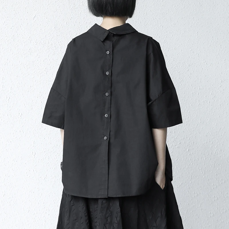 

[EAM] Women Black Brief Casual Big Size Blouse New V-collar Half Sleeve Loose Fit Shirt Fashion Tide Spring Summer 2021 1DD9461