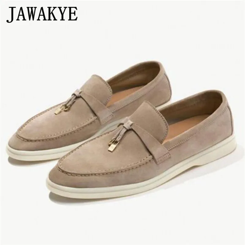 Женские замшевые лоферы повседневные туфли на плоской подошве с металлическим