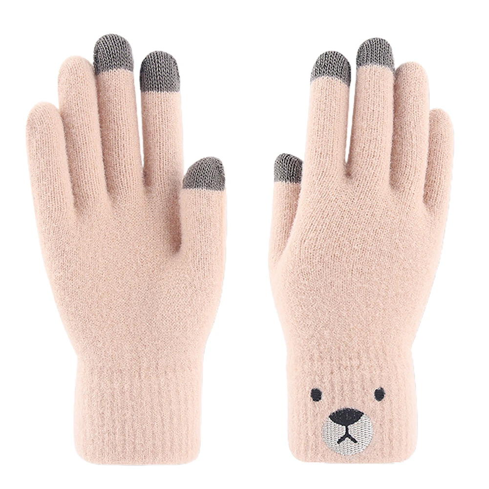 

Women's Winter Gloves Touch Screen Bear Embroidery Full Finger Elastic Warm Knit Gloves Autumn Cartoon Cute Cotton Mittens Girl
