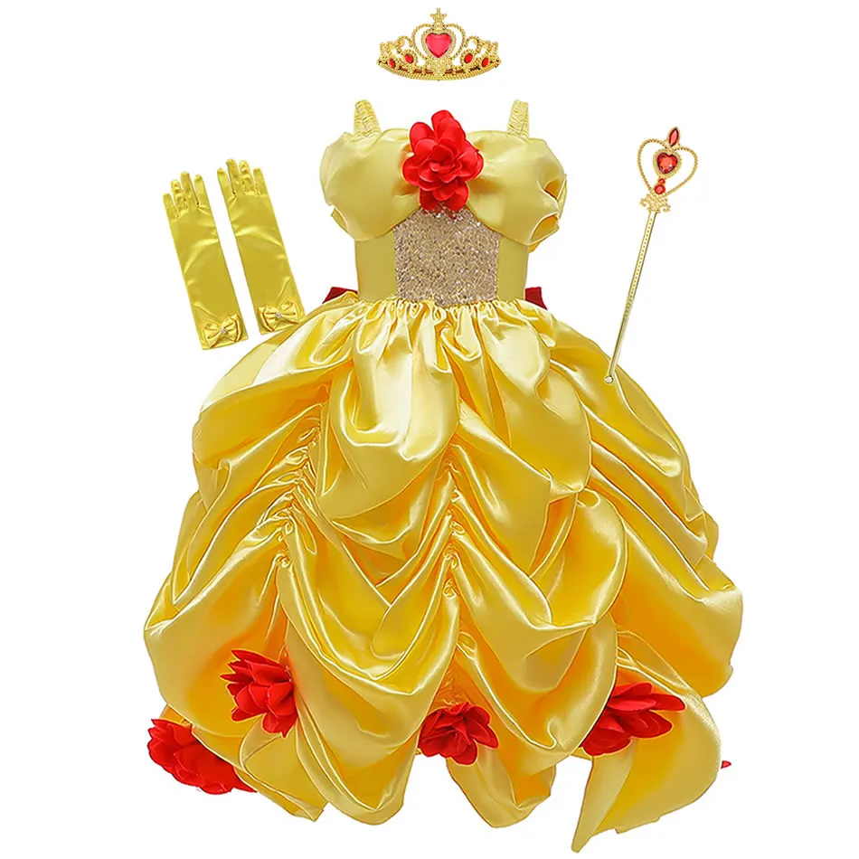 

Платье принцессы MUABABY для девочек, желтое многослойное платье с открытыми плечами, для карнавала, детского дня рождения