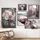 Скандинавские плакаты и принты, розы, цветы, розовый автомобиль, улица, девушка, строительство, настенная Картина на холсте, настенные картины для домашнего декора комнаты