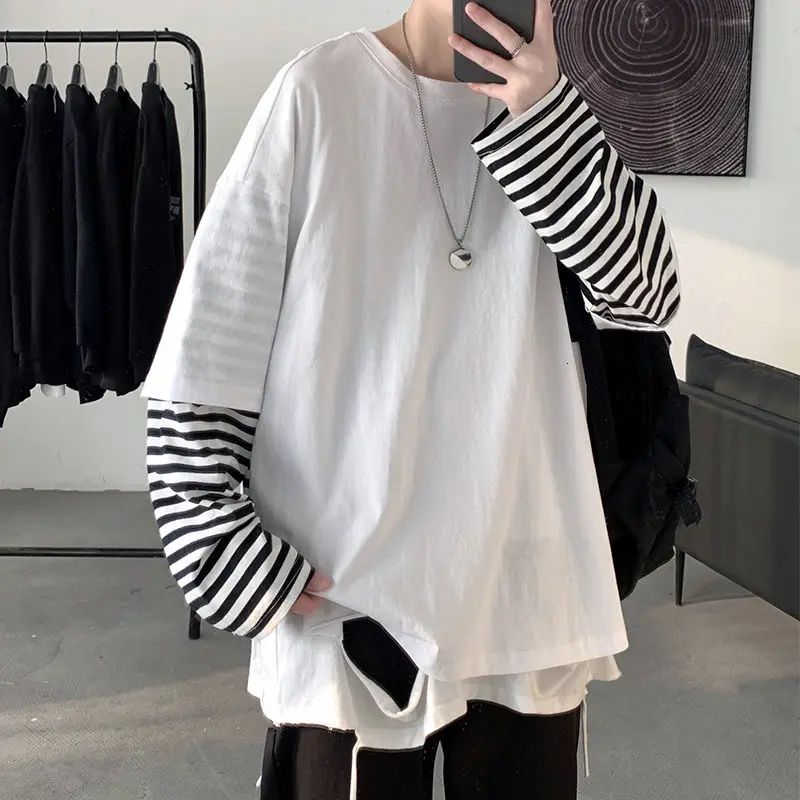 Cotton Striped T-shirt Mens Fashion Casual Fake Two-piece T Shirt Men Streetwear Korean Loose Long-sleeved Tshirt Mens M-5XL