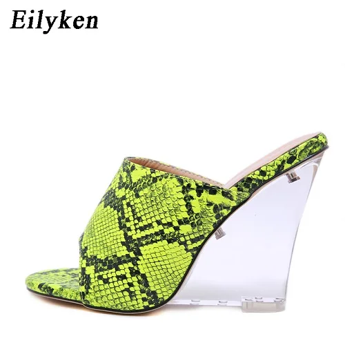 Green Eilyken/большие Size35-40; модные женские шлепанцы со змеиным узором; Цвет зеленый, оранжевый; пикантные вечерние шлепанцы на танкетке со стразами - Цвет: Green