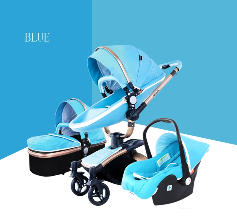 blue three-in-one Кожаная складная детская коляска 3 в 1 может лежать на 360 ° вращающаяся амортизирующая четыре колеса многофункциональная детская коляска - Цвет: blue three-in-one