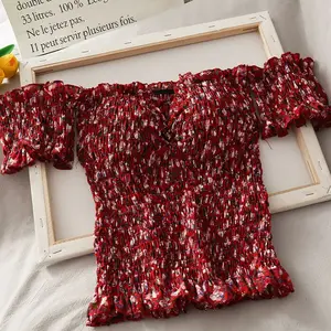 Блузка женская летняя, эластичная, с цветочным принтом, оборками и вырезом-лодочкой, 6 цветов, для женщин, с подкладкой