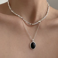 french romantic silver color black oval zircon necklace clavicle chain simple female short female short pendant for women girl