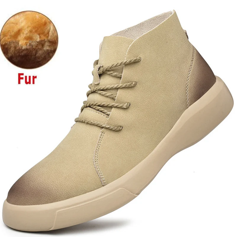 Fur Khaki Зимние мужские ботинки; теплые зимние ботинки; Мужская водонепроницаемая обувь; Рабочая обувь из натуральной кожи; мужские кроссовки; мужские ботильоны на резиновой подошве - Цвет: Fur Khaki