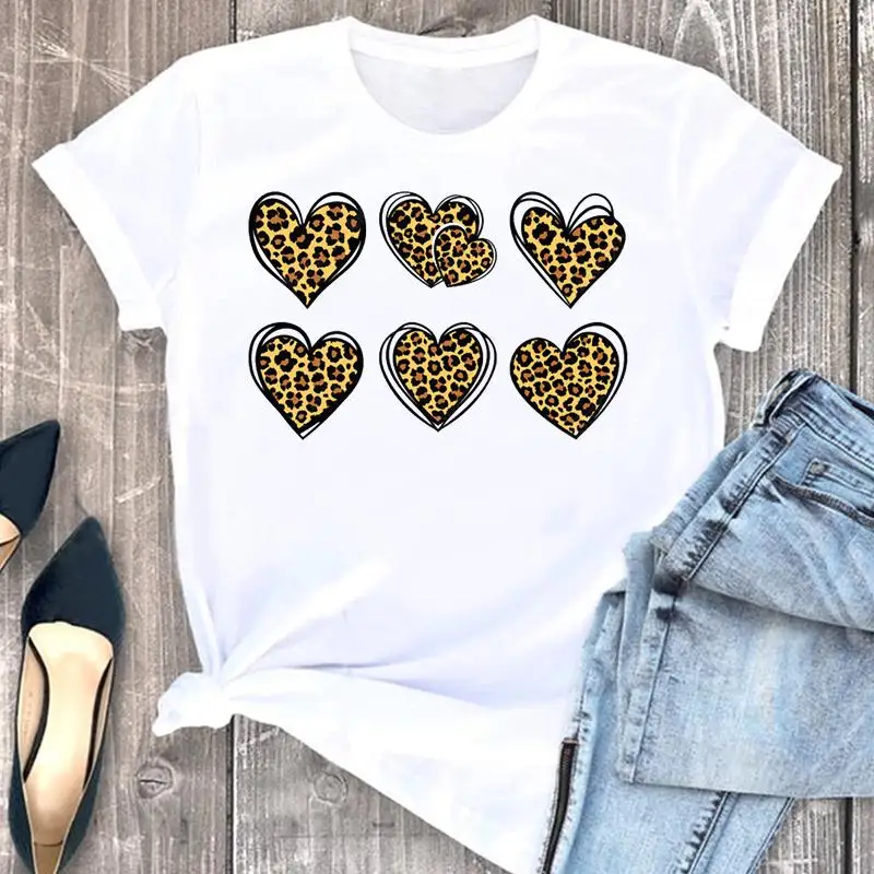 

Women Clothes Leopard Love Heart Trend Fashion Clothing Short Sleeve Female Summer Graphic Tee Casual O-neck Tshirt Top T-shirt