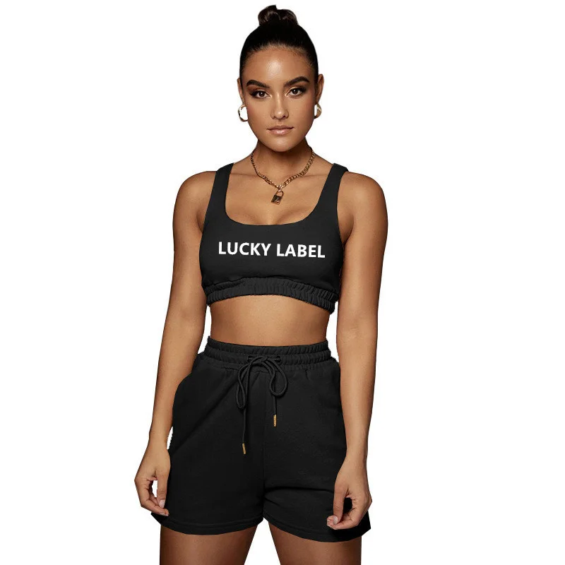 

Adogirl LUCKY LABEL Embroidery Tracksuit Women Casual Active Two Piece Set Sleeveless Vest Crop Top Shorts Fitness Jogger Suit