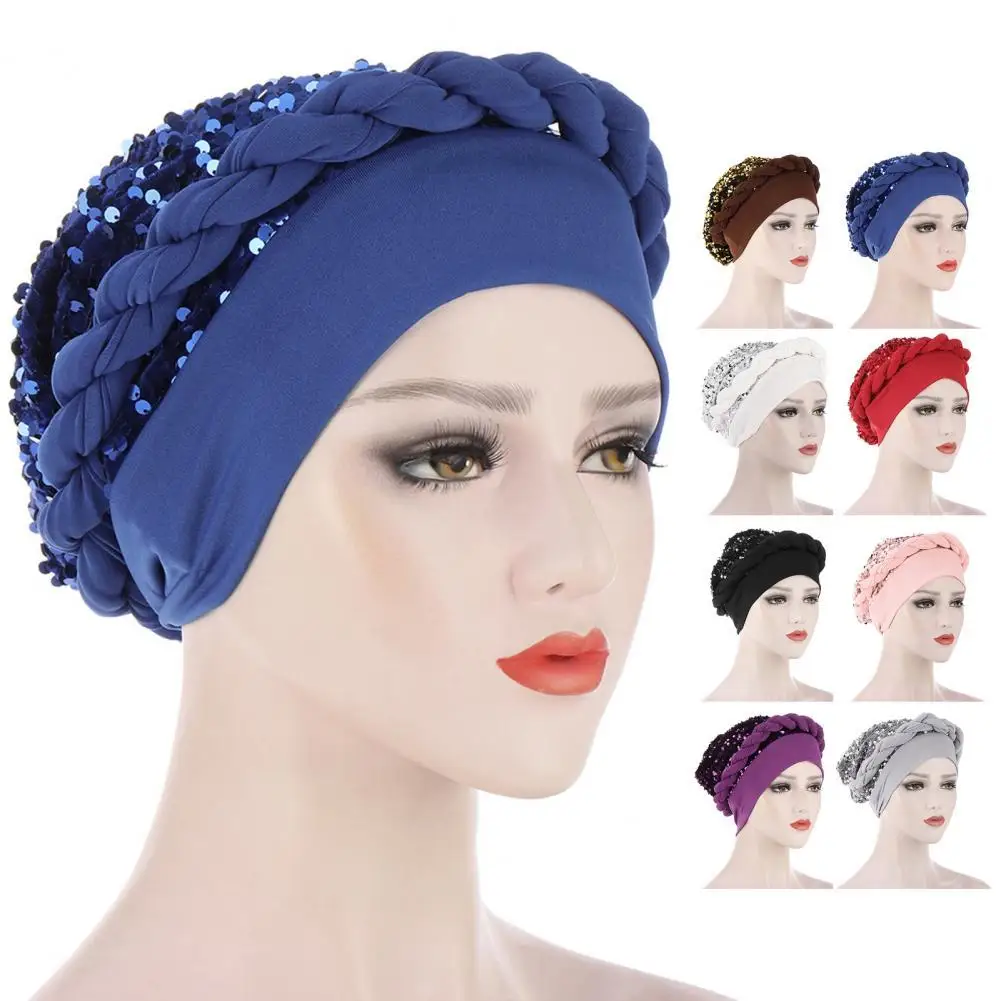

Latest Shinning Sequins Turban Cap for Women Ready Female Head Wraps African Auto Geles Aso Oke Headtie Already Made Headties