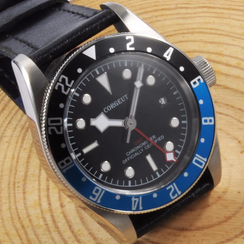 Corgeut Роскошные Лидирующий бренд автоматические часы мужские GMT сапфировые