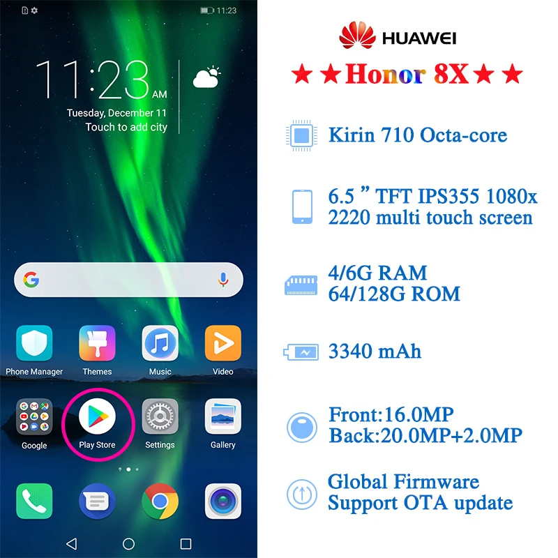 Мобильный телефон HONOR 8X с глобальной прошивкой, 4 ГБ, 64 ГБ, Восьмиядерный процессор Kirin 710, 6,5 дюймов, Android 9,0, 3750 мА/ч, сканер отпечатков пальцев, 20 МП