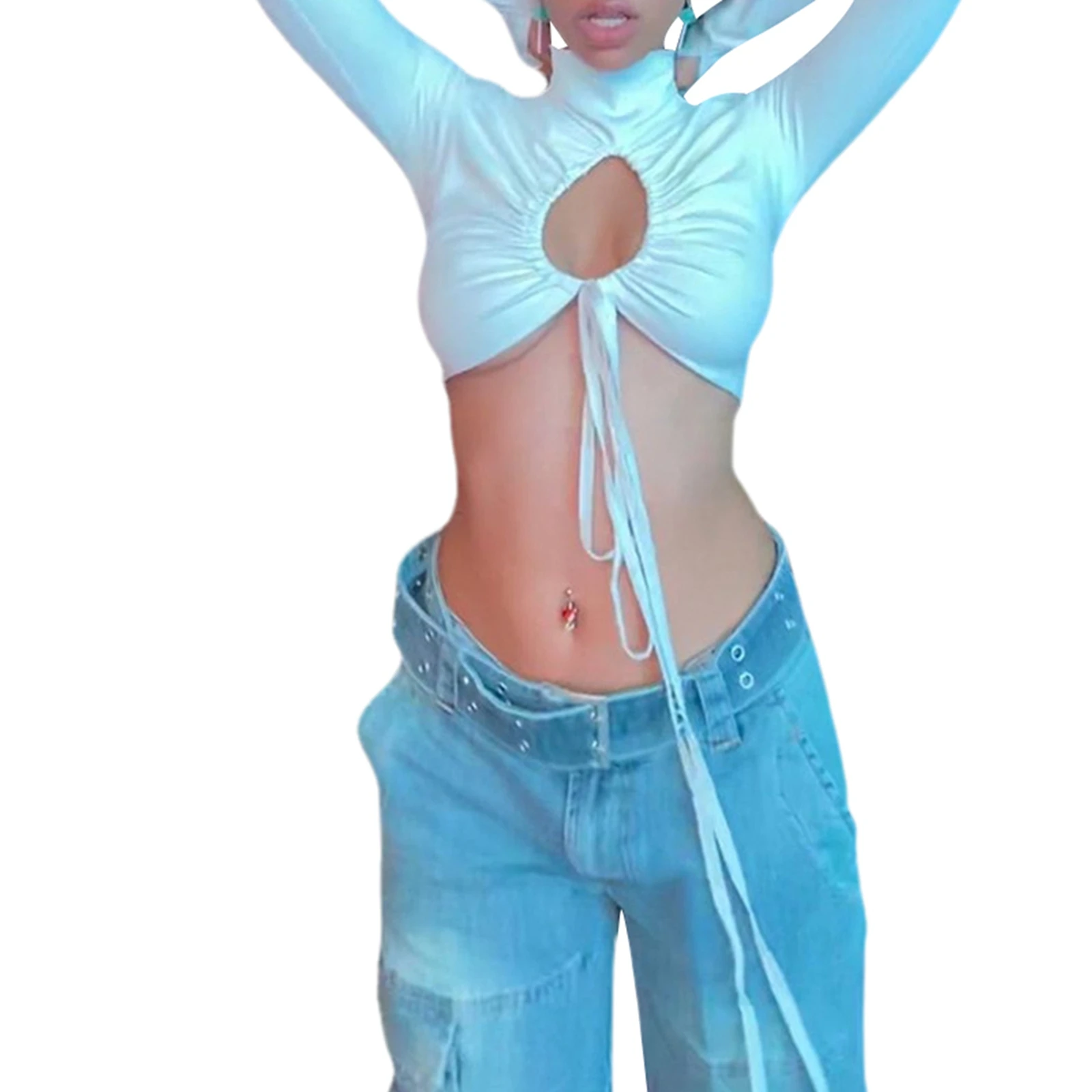 

Women's high-neck hollow lace-up pleated short T-shirt top women