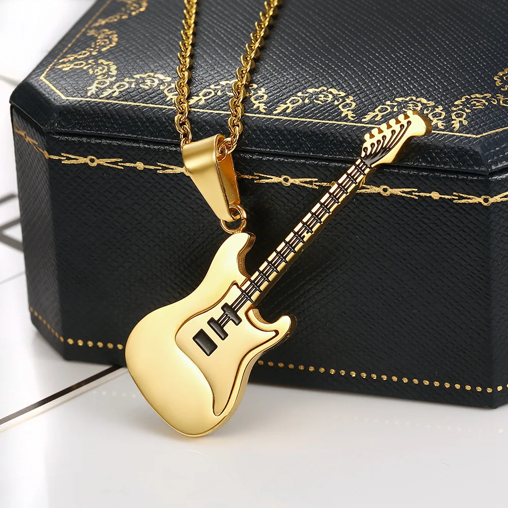 1pcs Trendy Leather Chain Guitar Necklace For Men Punk Rock Music Jewelry Gift Stainless Steel Pendant Wholesale | Украшения и