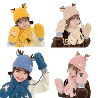 christmas elements kids knitted beanie gloves scarf 3pcs suit cartoon warmth hats toddler hat scarf for winter supplies