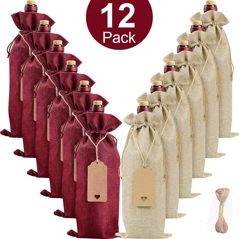 

Burlap Wine Bottle Gift Bags with Drawstrings Tags Ropes Reusable Wine Bottle Covers Christmas Wedding Birthday Holiday Party
