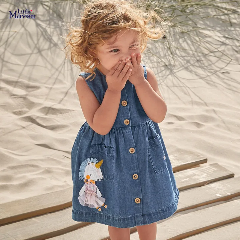

Girls's Dresses Fashion Denim Unicorn Sleeveless Dresses For Children Kids Baby Pocket Dress Casual Beach Dress 2-8Year