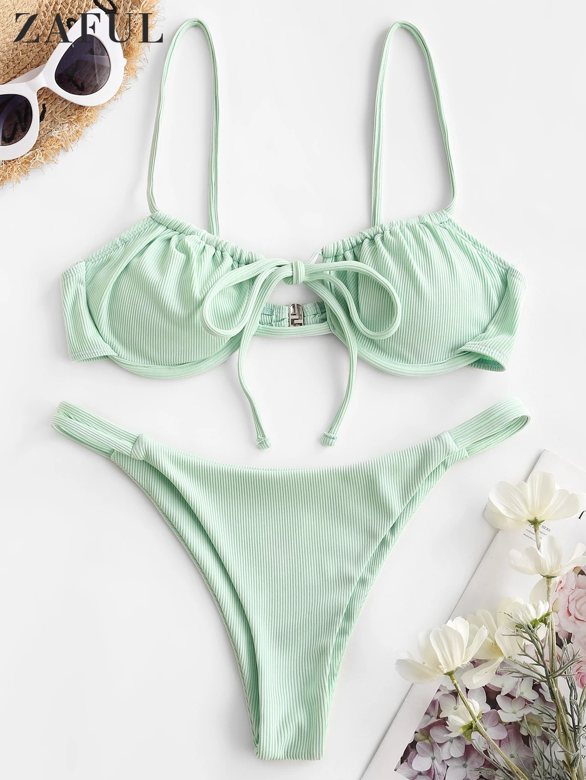 

ZAFUL Ribbed Tie Push Up Bikini Set Women Underwire Padded Bandage Swimwear Summer Sexy Cutout Female Beachwear Bathing Suit