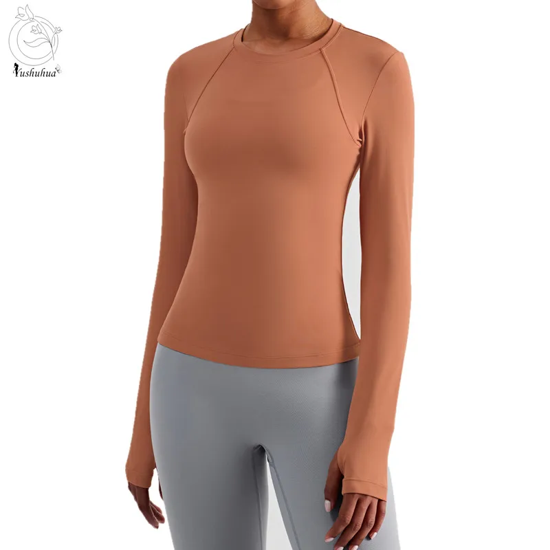 

Yushuhua Nude feel Tight Yoga Top Finger hole Long sleeve Women Shirt Gym Fitness Top Breathable Sportswear Female T-shir