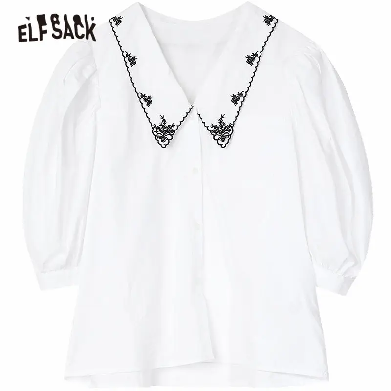 

ELFSACK White Solid Floral Embroidery Casual Women Collar Shirts 2020 ELF Summer New Elegant Puff Sleeve Female Korean Daily Top