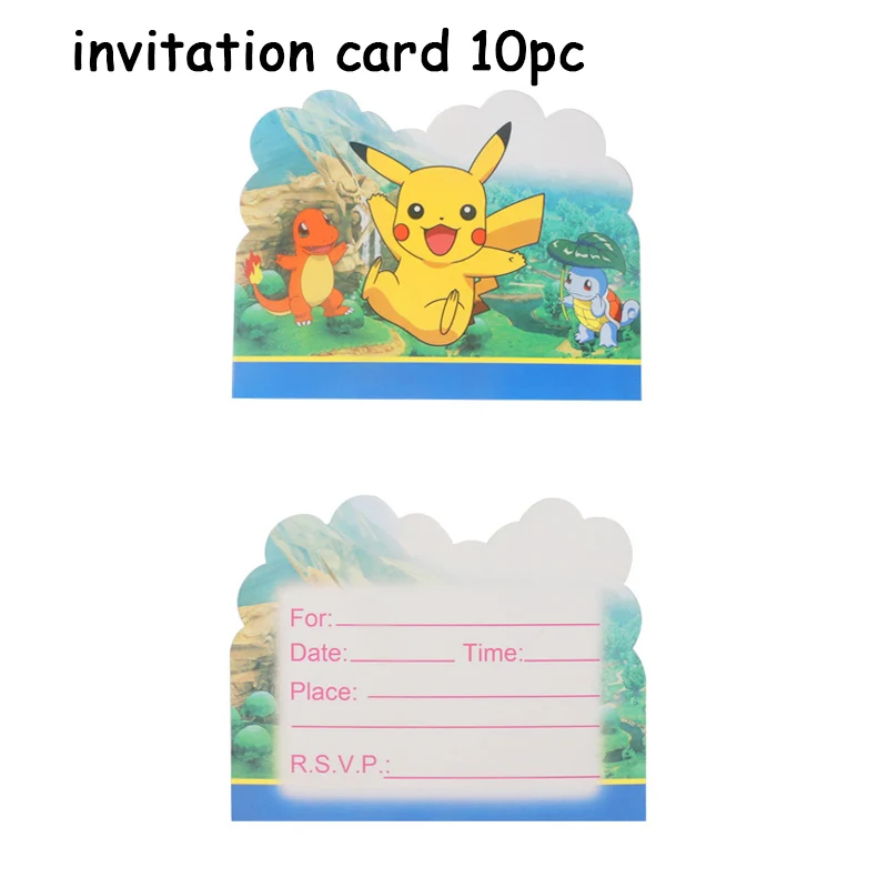 invitation card 10pc Pokemon Go Пикачу принадлежности для тематической вечеринки посуда тарелка воздушные шары салфетка чашка для детского душа вечерние украшения для дня рождения - Цвет: invitation card 10pc