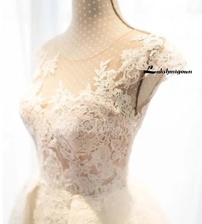Lace Illusion Bridal Wedding Dress With Overskirt Lace Appliques Court Train Jewel Neck Cap Sleeve Wedding Bridal Gowns