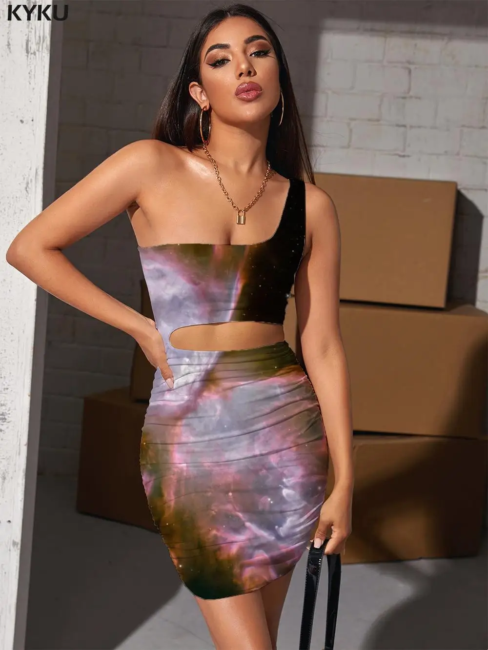 

KYKU Brand Butterfly Dresses Women Galaxy Hollow out Dresses Nebula Vestido Sexy Abstract Bodycon Dress Womens Clothing