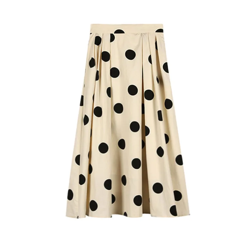

2021 Summer New Dot Print Cotton Women Skirts High Waist A-line Pleated Skirt Elastic Waist Elegant Casual Female Long Skirts