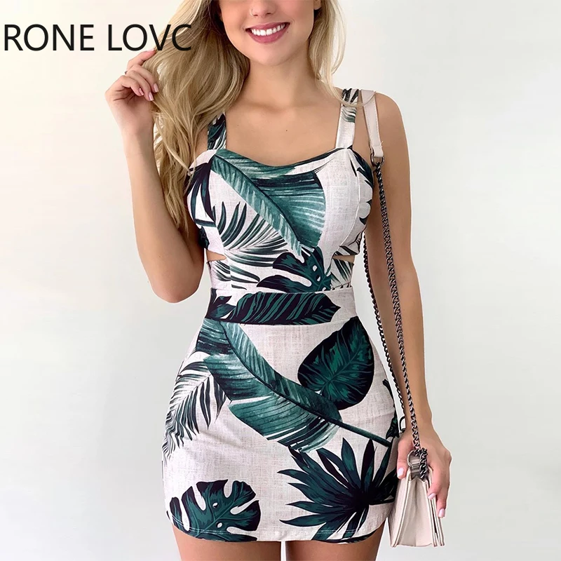 Женское платье на тонких бретельках с тропическим принтом повседневное