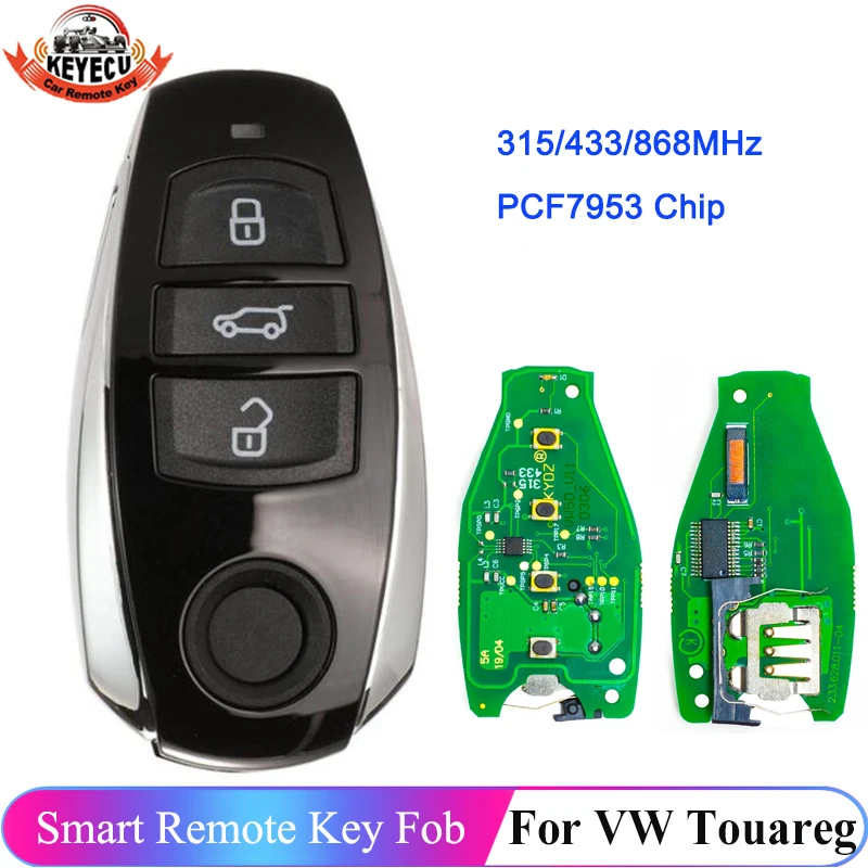 KEYECU For VW Volkswagen Touareg 2011 2012 2013 2014 PCF7953 Chip 315MHz 433MHz 868MHz Remote Smart Key Fob 3 Button